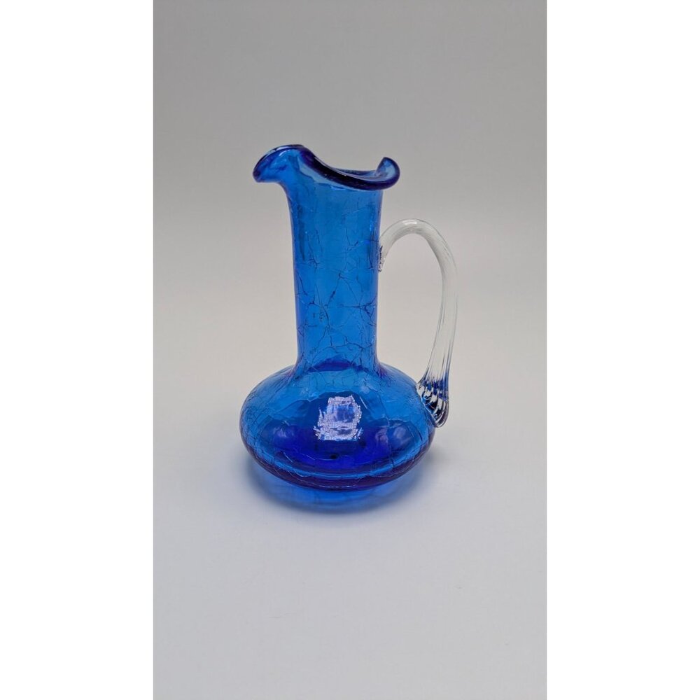 Kanawha Art Hand Blown Blue Crackled Glass Pitcher Vase With Clear Handle